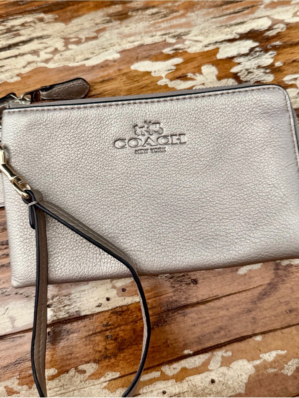 Coach Metallic Silver Pebble Leather Wristlet